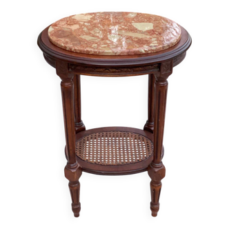 Guéridon ovale style Louis XV en merisier massif, marbre rose et cannage