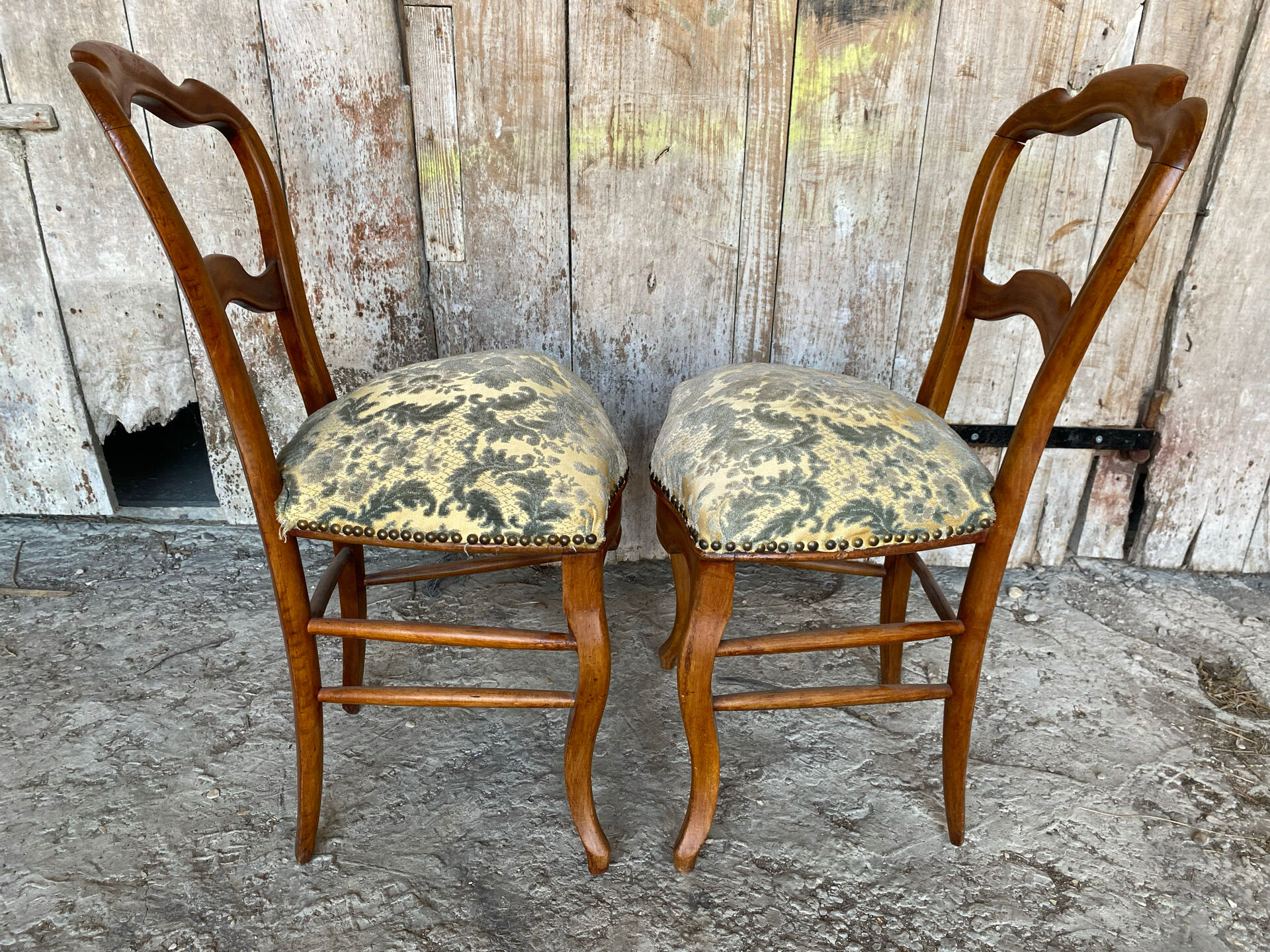 Pair of Antique Louis Philippe Chairs Wood + Fabric Seat 19th Century Vintage