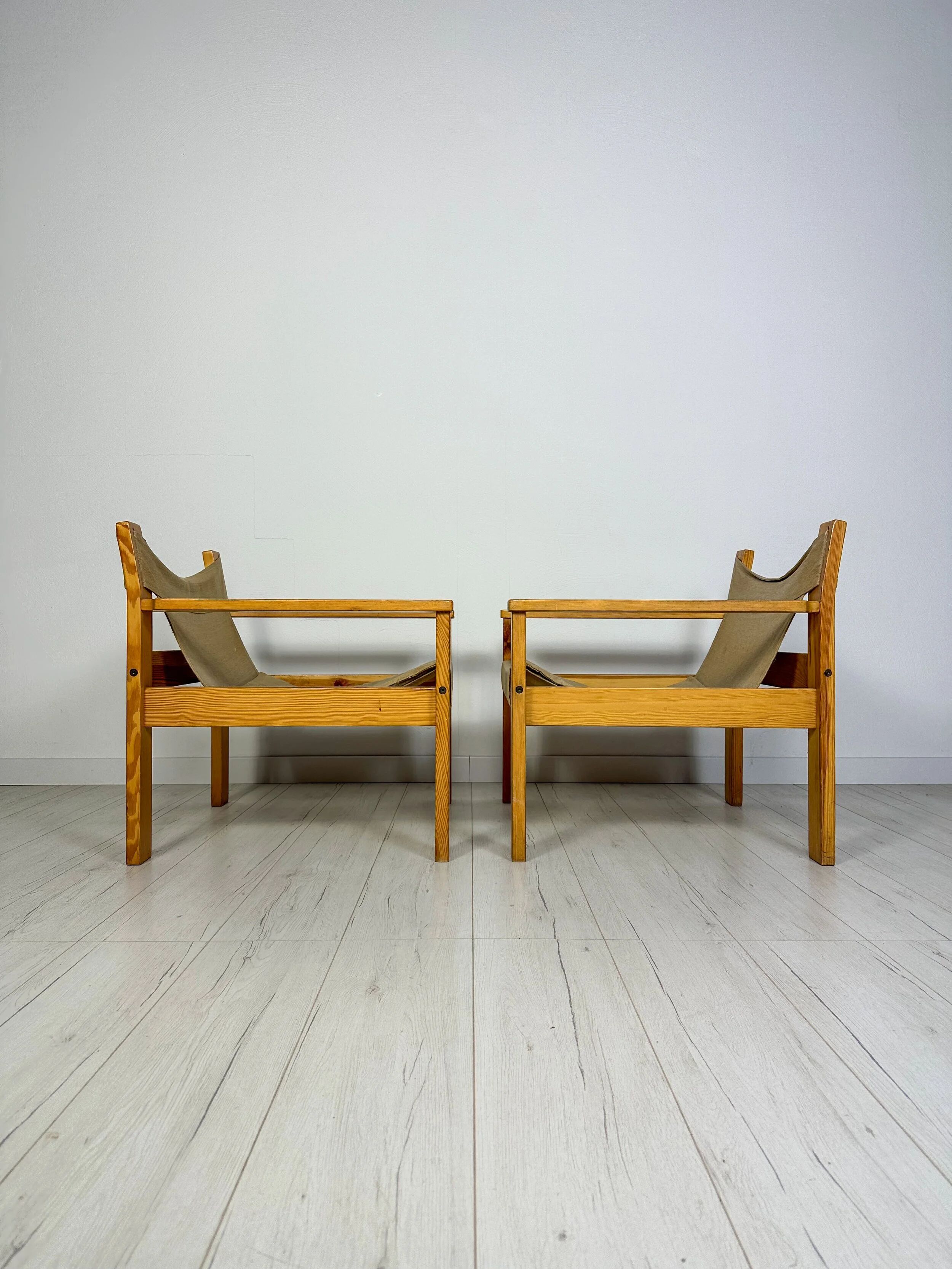 '70s set of 2 pine & canvas lounge chairs by Erik Wørts for IKEA