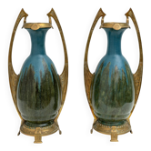 Pair of Art Nouveau Jugendstil Bronze and Ceramic Vases Otto Eckman Style,