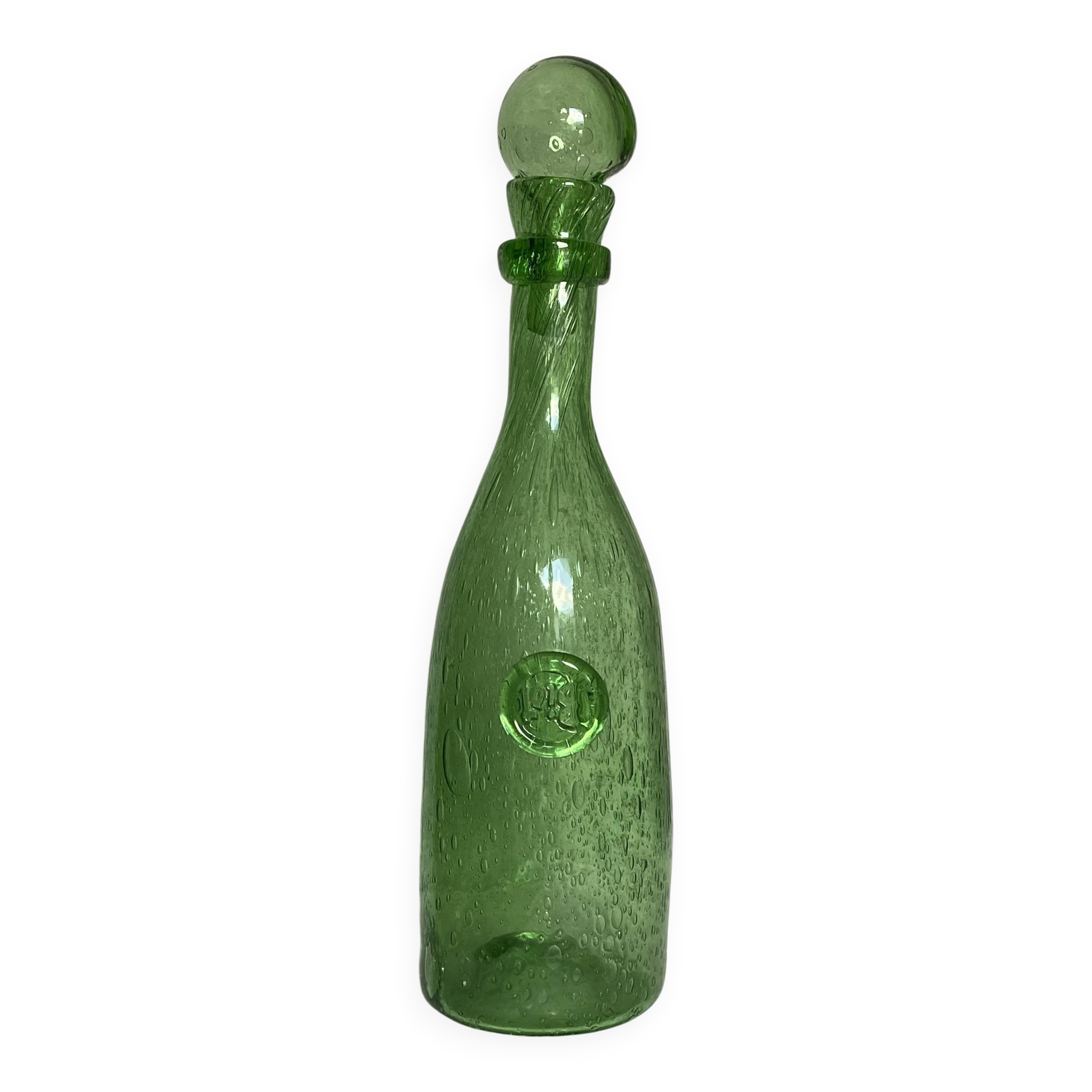 Biot-signed bubble glass bottle, green carafe