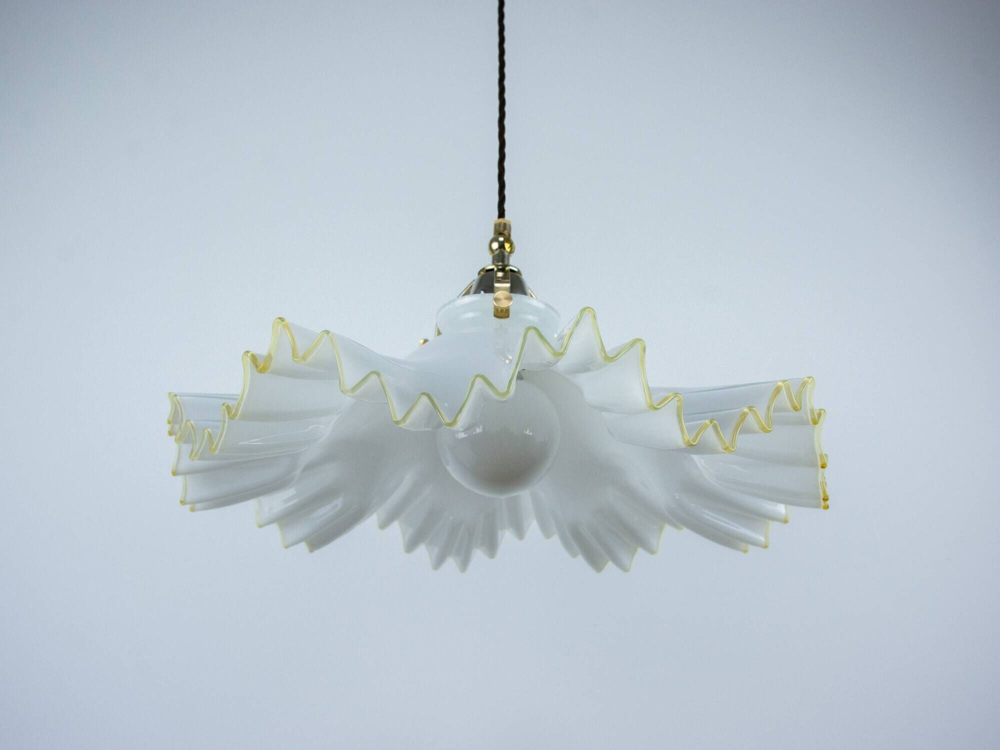 Murano Style White Ruffled Italian Hanging Glass Lamp From The 1970s