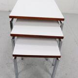 White Nesting Table Set with chrome frame and wood detail, 1970s