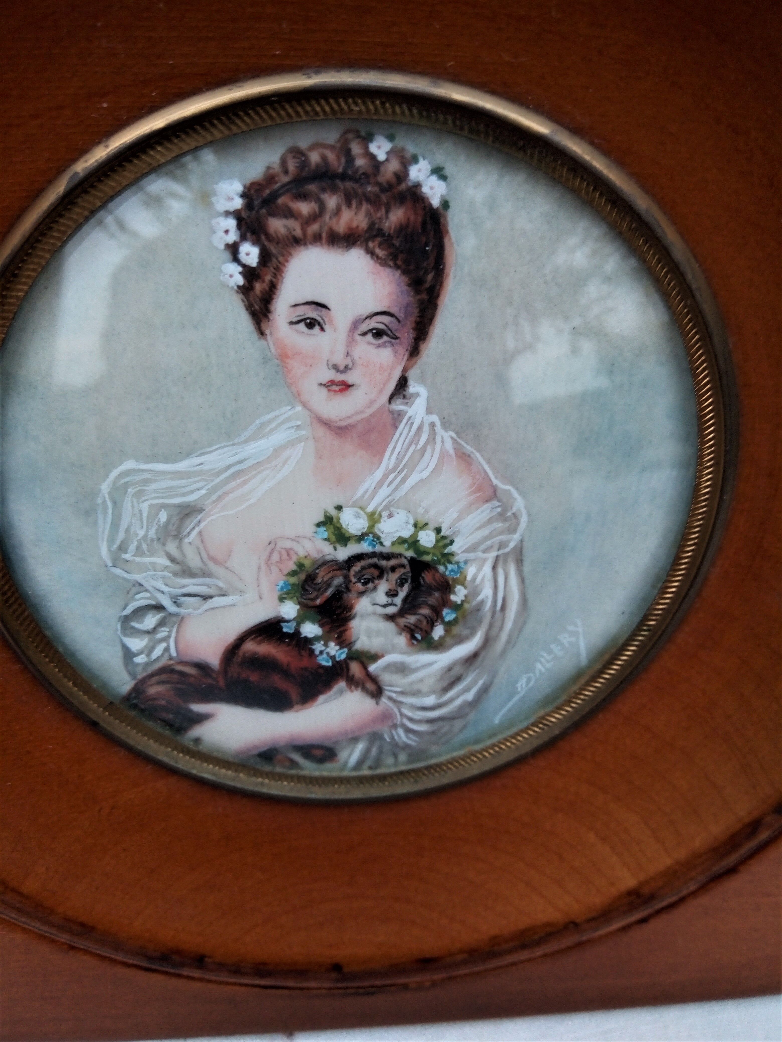 miniature painting. Young girl with dog. Signed Dallery.