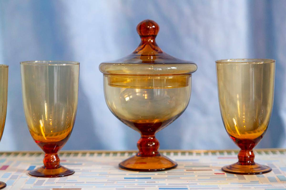 Set of four glasses and a sugar bowl Murano, Europe, 1960s