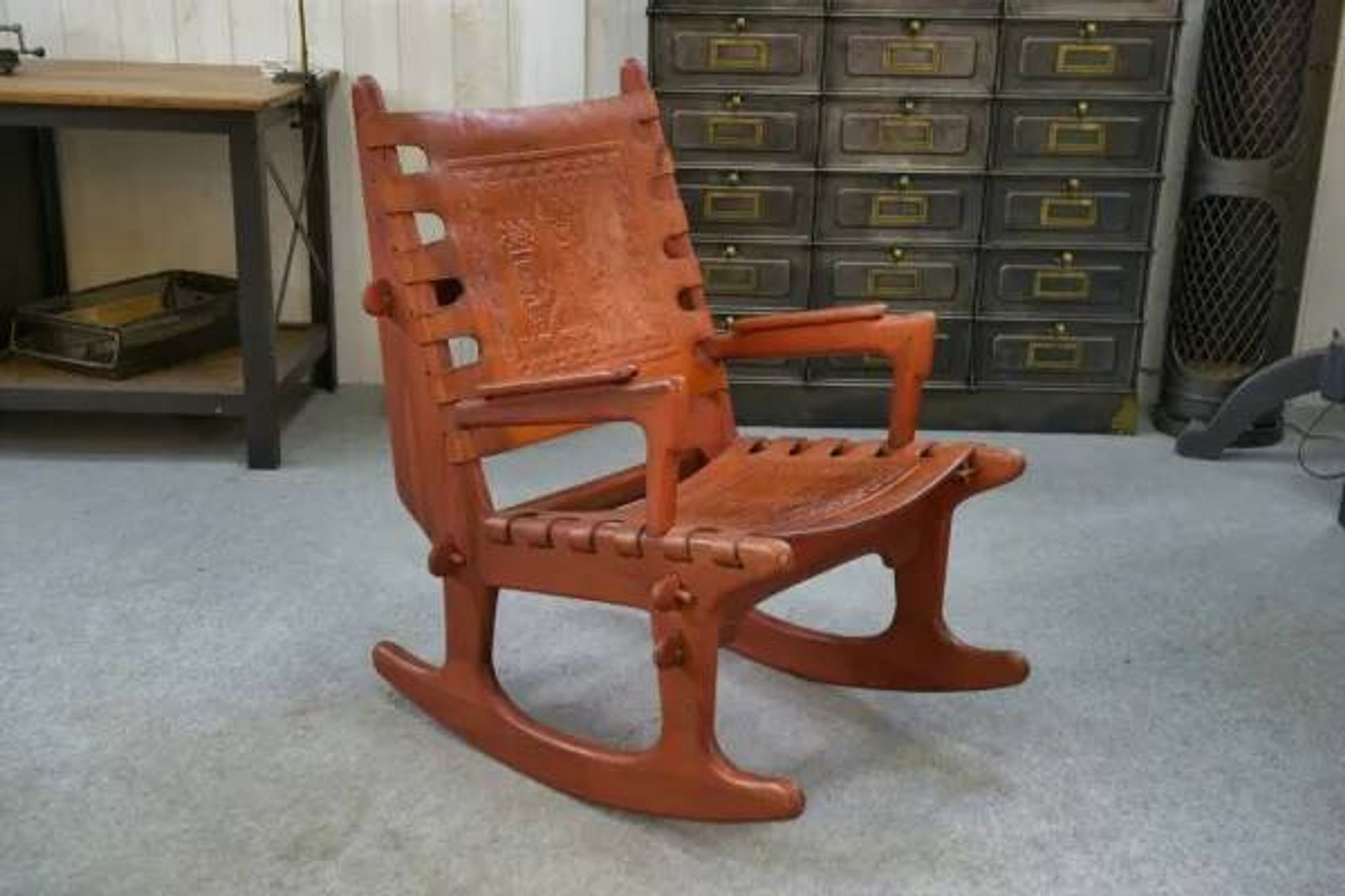 Armchair by Angel Pazmino in wood and red leather 1960's