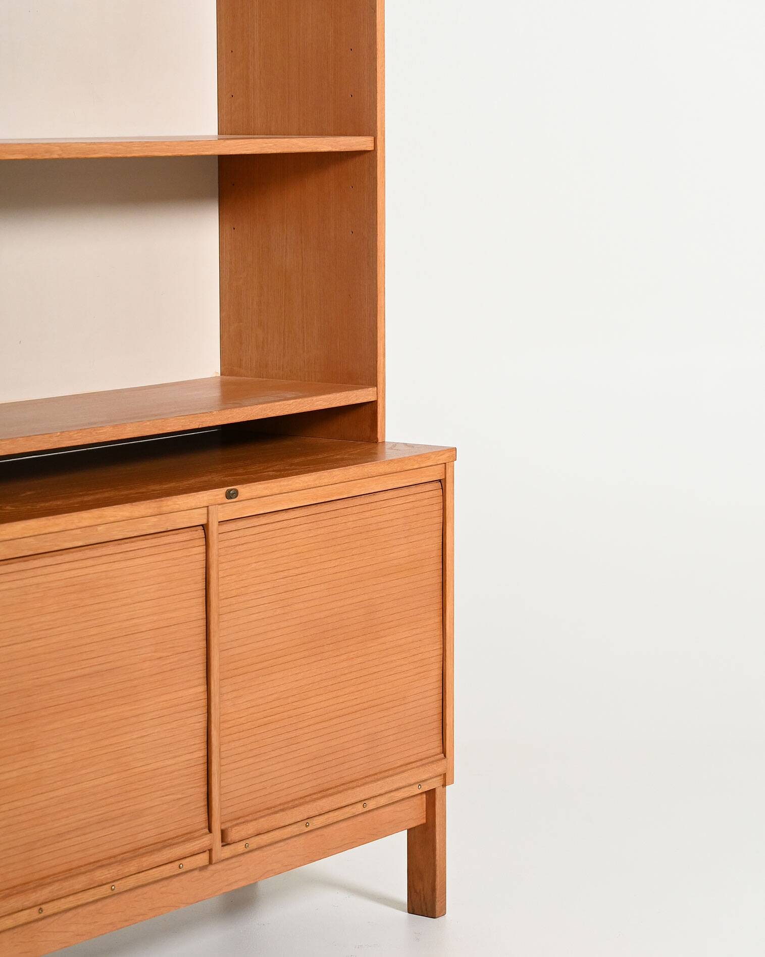 Oak cabinet with tambour doors with upper shelves, 1960s