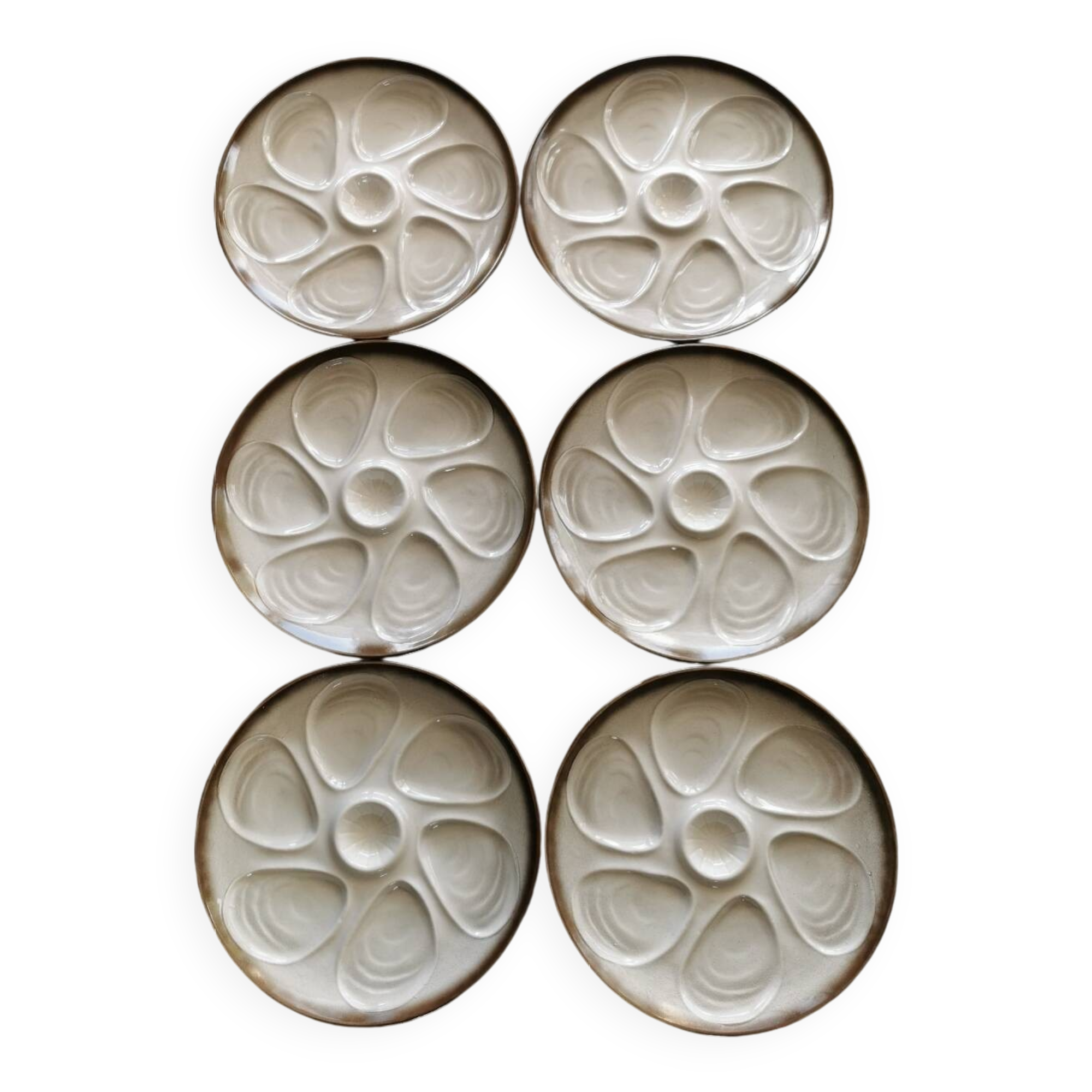 6 assiettes à huîtres vintage en barbotine