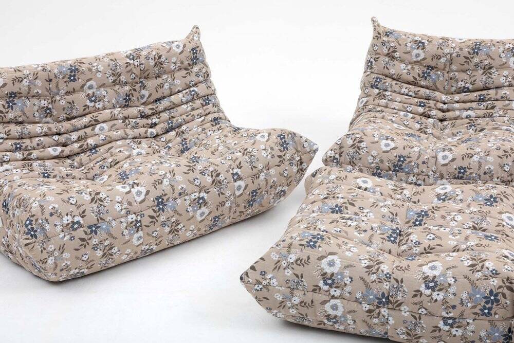 Togo lounge chair with pouf and 2-seater sofa in patterned fabric by Michel Ducaroy for Ligne Roset, set of 3