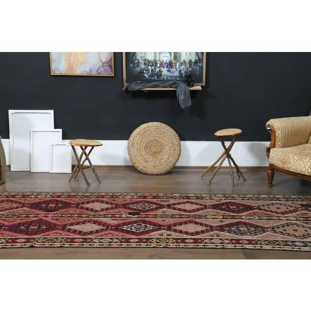 1970s Vintage Turkish Oushak Handmade Wool Cotton Pink Runner Rug 115x451
