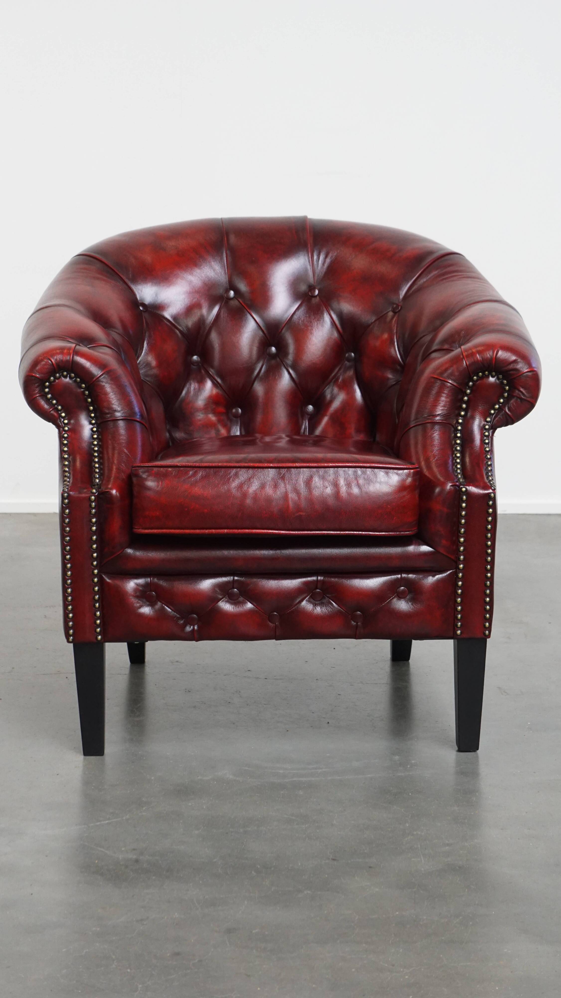 Set of a Red Cowhide Leather Chesterfield Club Chair and Side Table