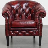 Set of a Red Cowhide Leather Chesterfield Club Chair and Side Table