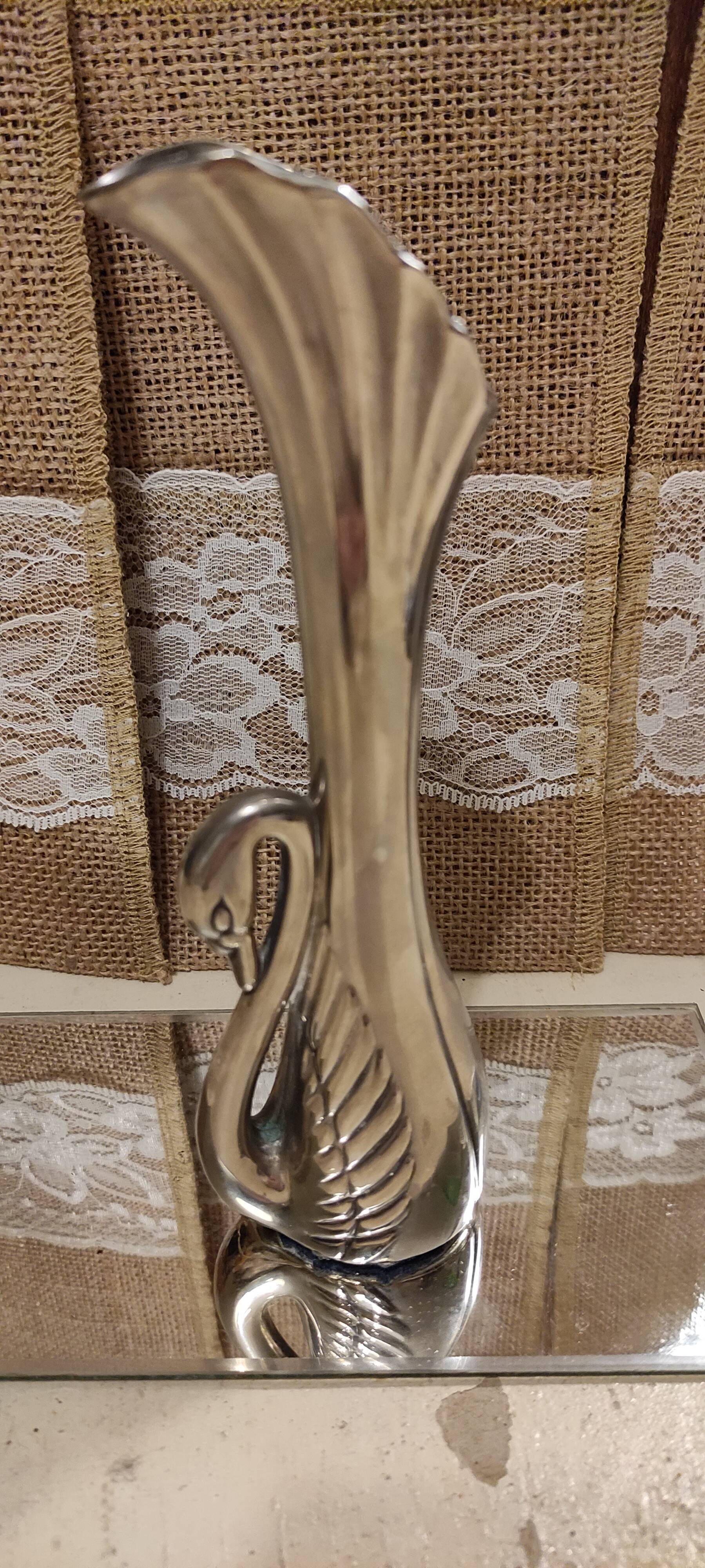 Vintage silver metal swan vase