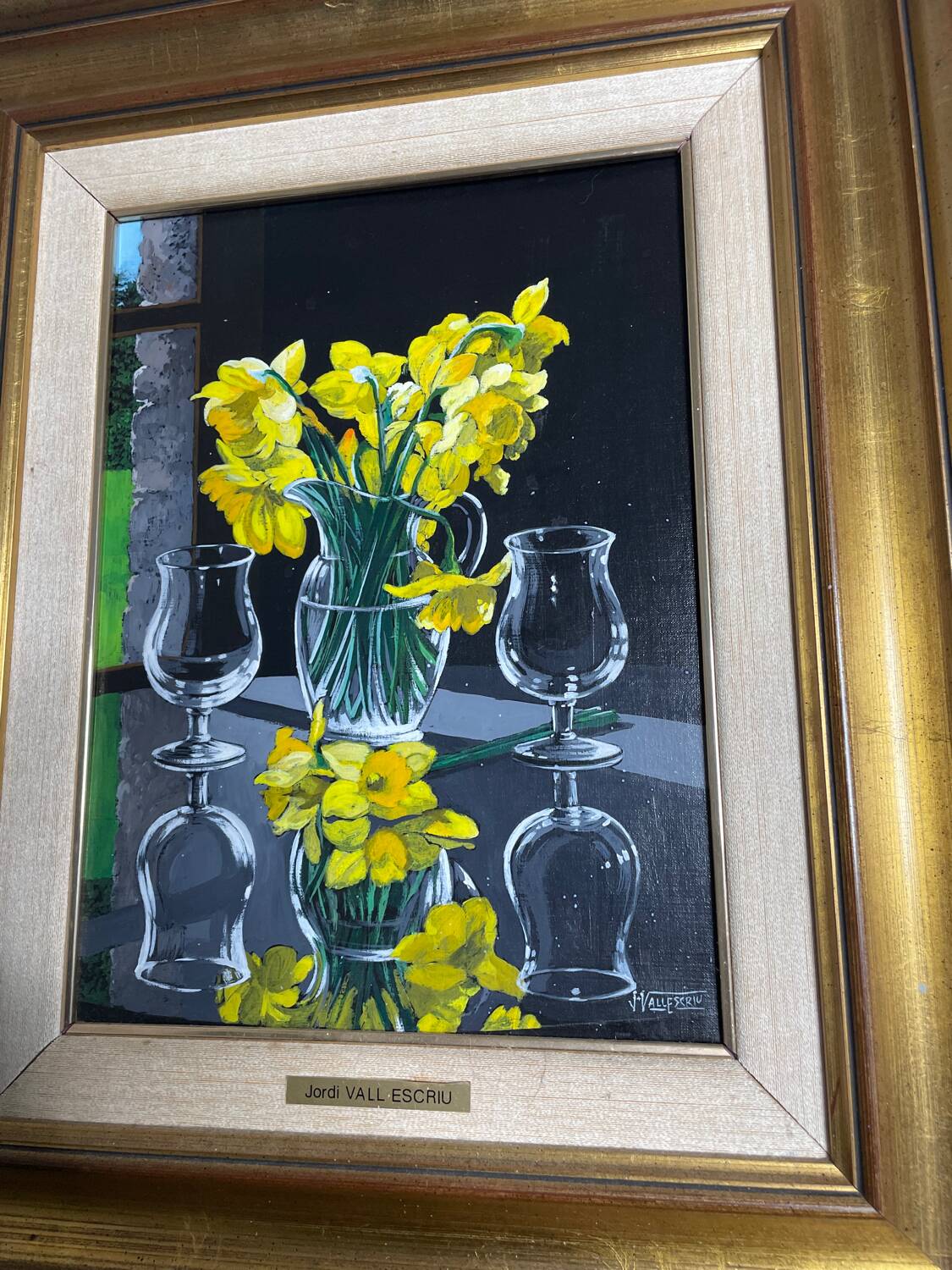 Oil on canvas signed Jordi Vall Escriu Yellow narcissus and two cups