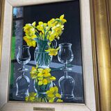 Oil on canvas signed Jordi Vall Escriu Yellow narcissus and two cups