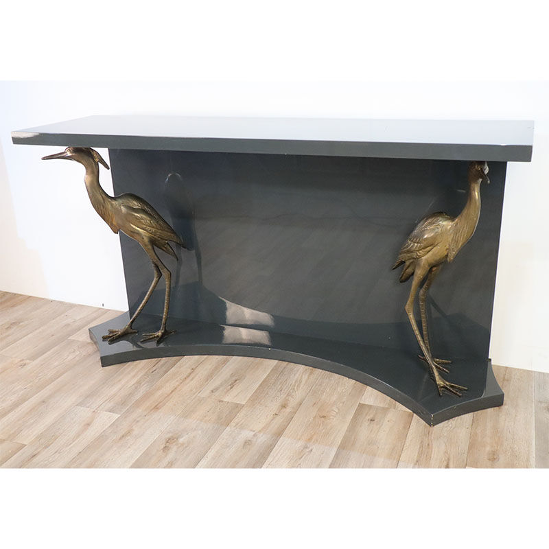 Vintage lacquered wooden console decorated with brass herons 1970