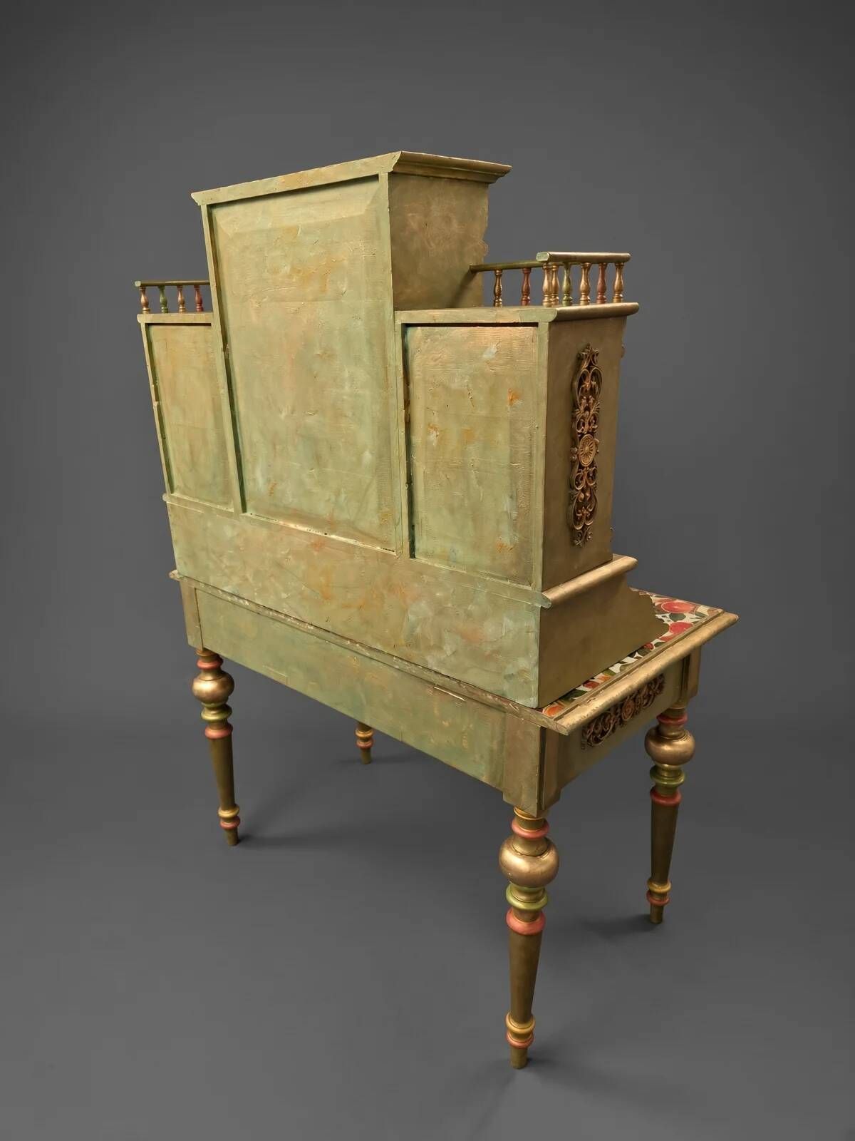 Antique Norwegian secretary desk | Restored gold & green fruit decoupage