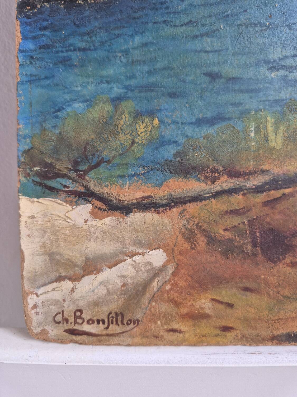 Coastal edge with leaning pine - Oil on cardboard