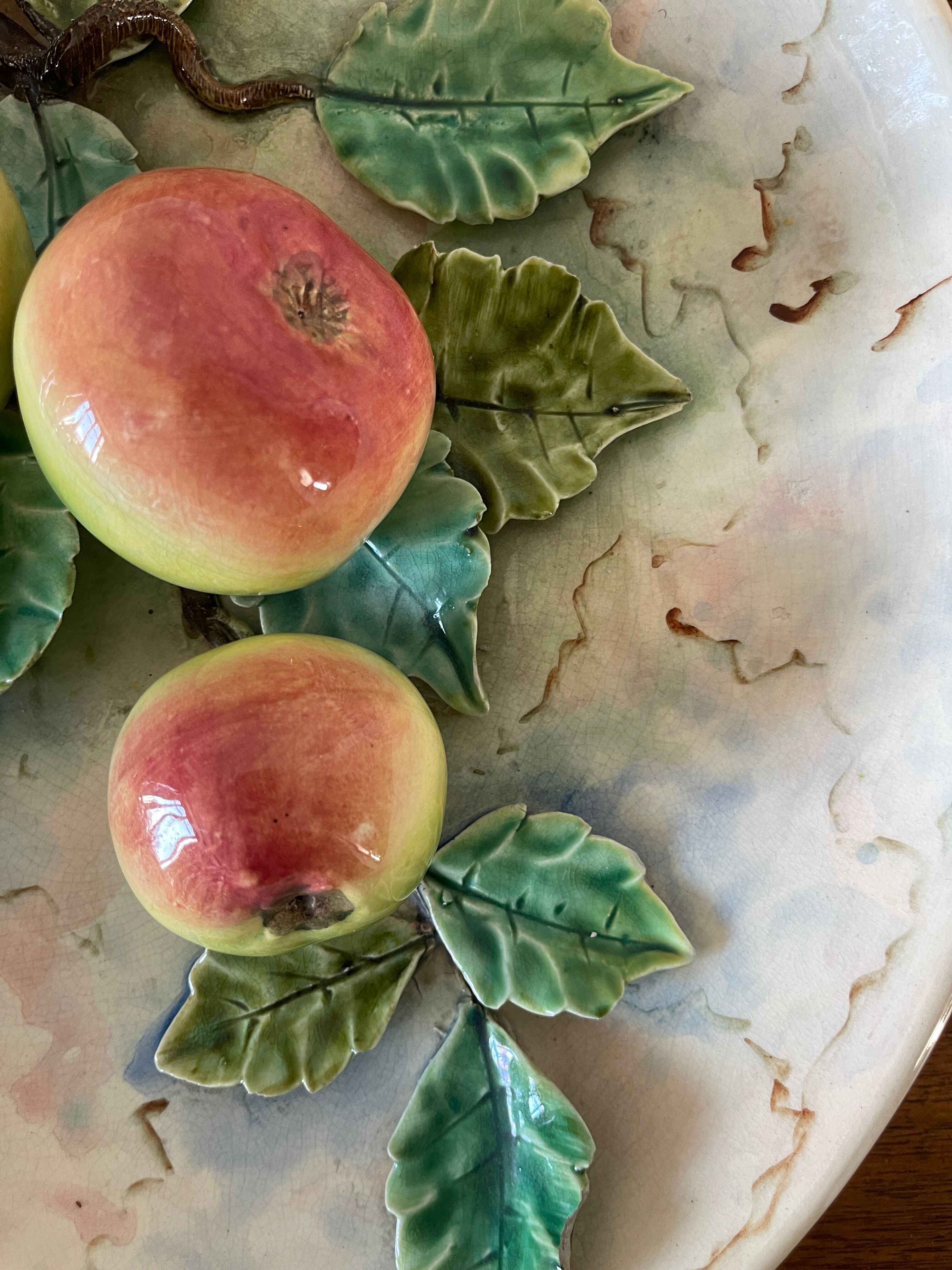 Ceramic flat polychrome slip circa 1900 decorated with apple trees