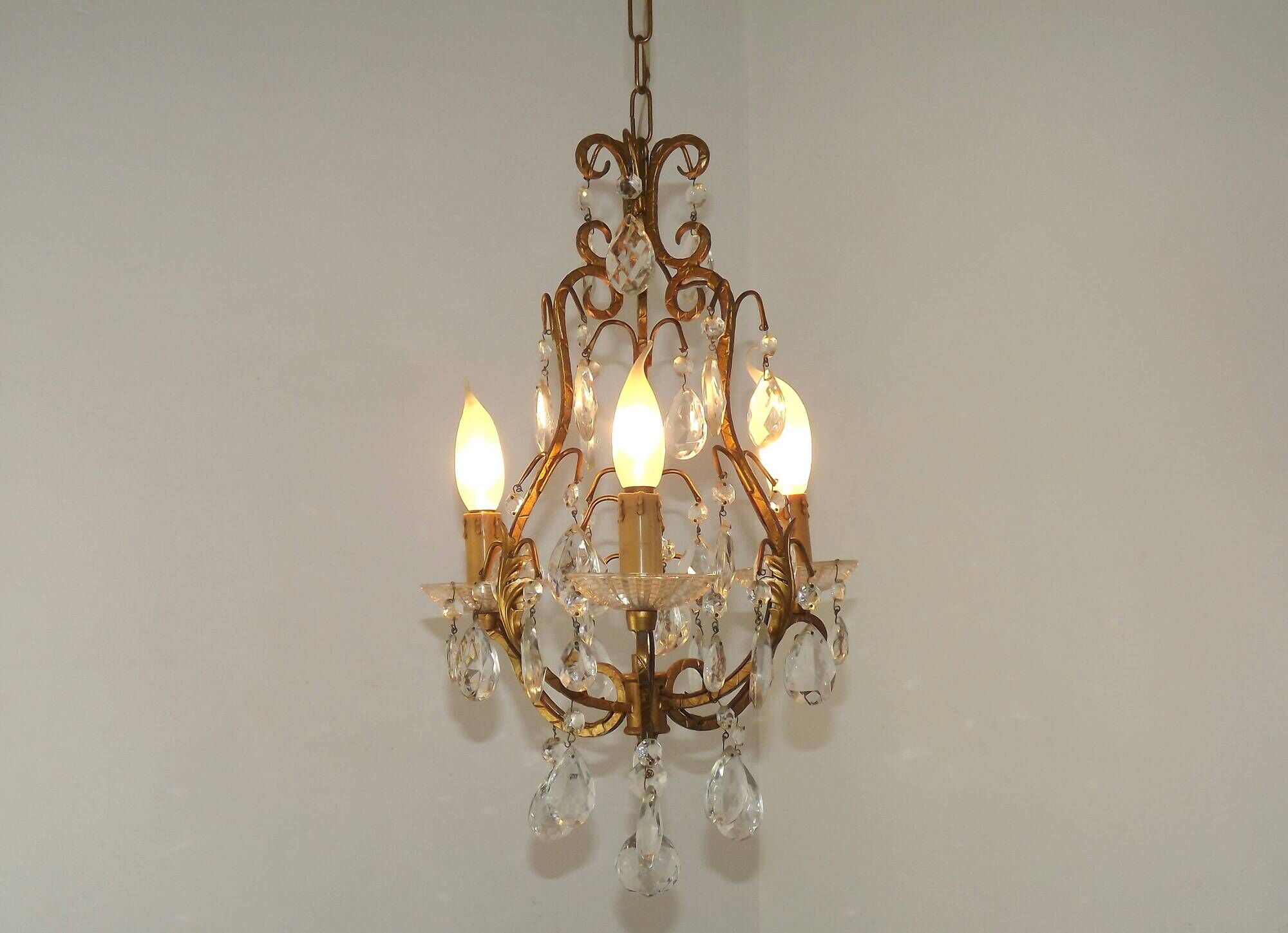 French Vintage Goldtone Metal & Crystal 3 Light Cage Chandelier 5502