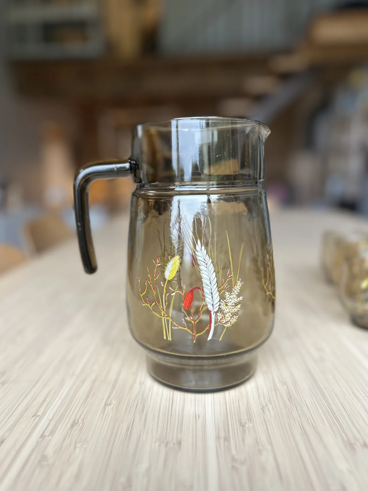 Large vintage orangeade service with smoky glass, country decor from the 70s - 14 pieces.