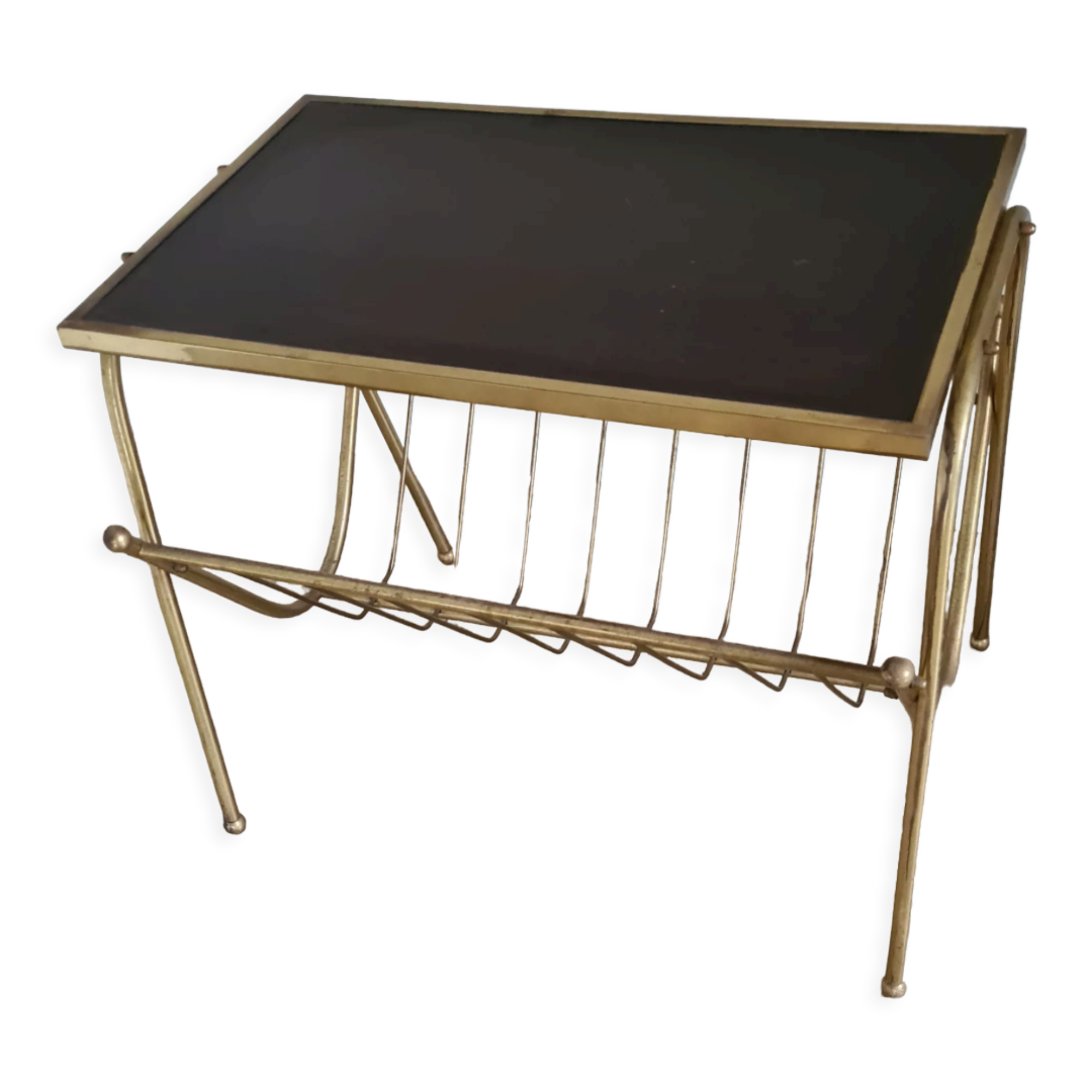 Old end of sofa / Service table with magazine holder / 60s / brass