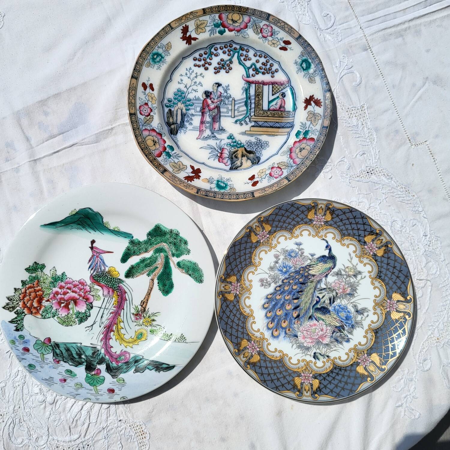 Set of 3 vintage plates gardens and Asian birds