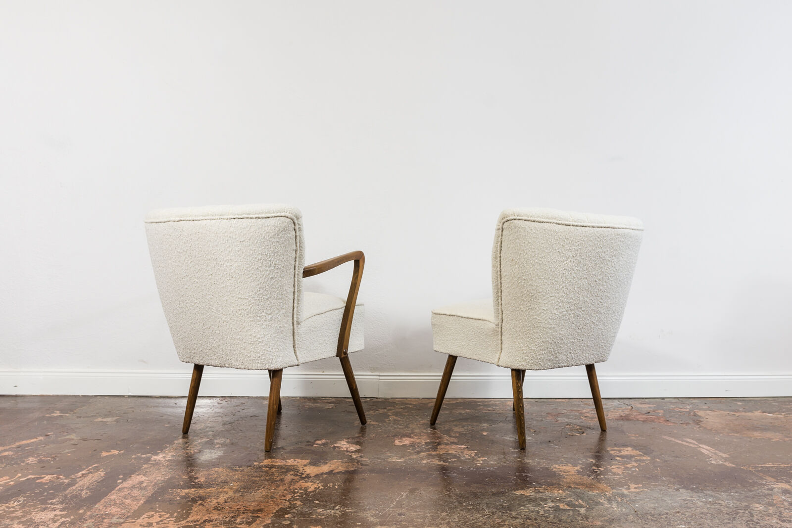 Pair of white cream boucle cocktail chairs, 1950s