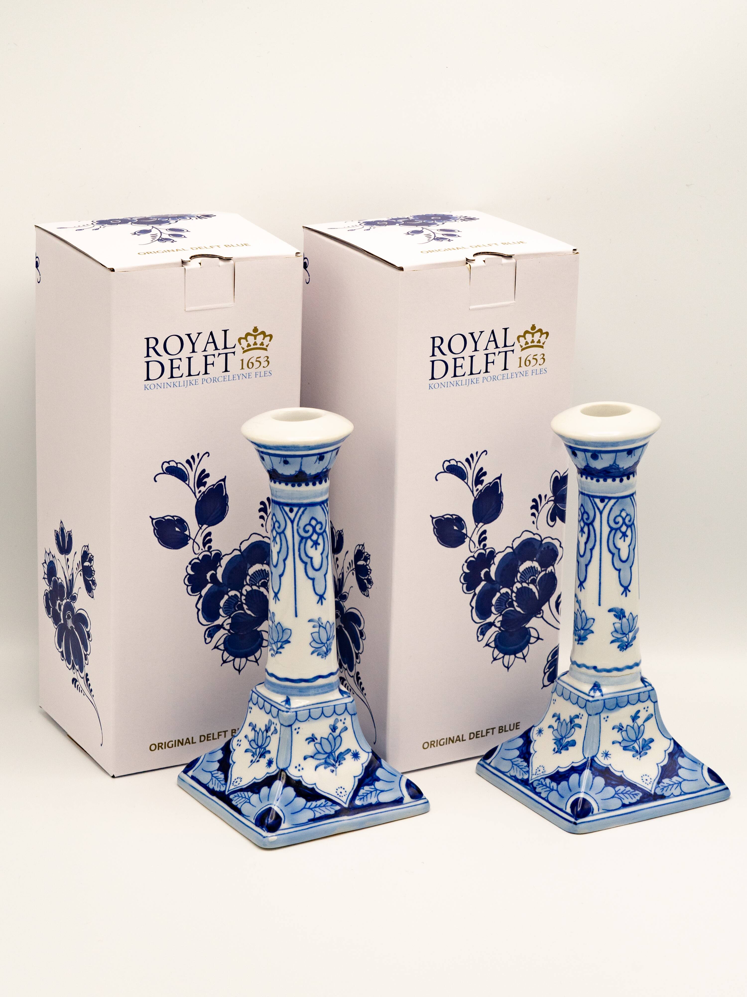 Pair of Royal Delft Blue and White Hand-Painted Ceramic Candlesticks