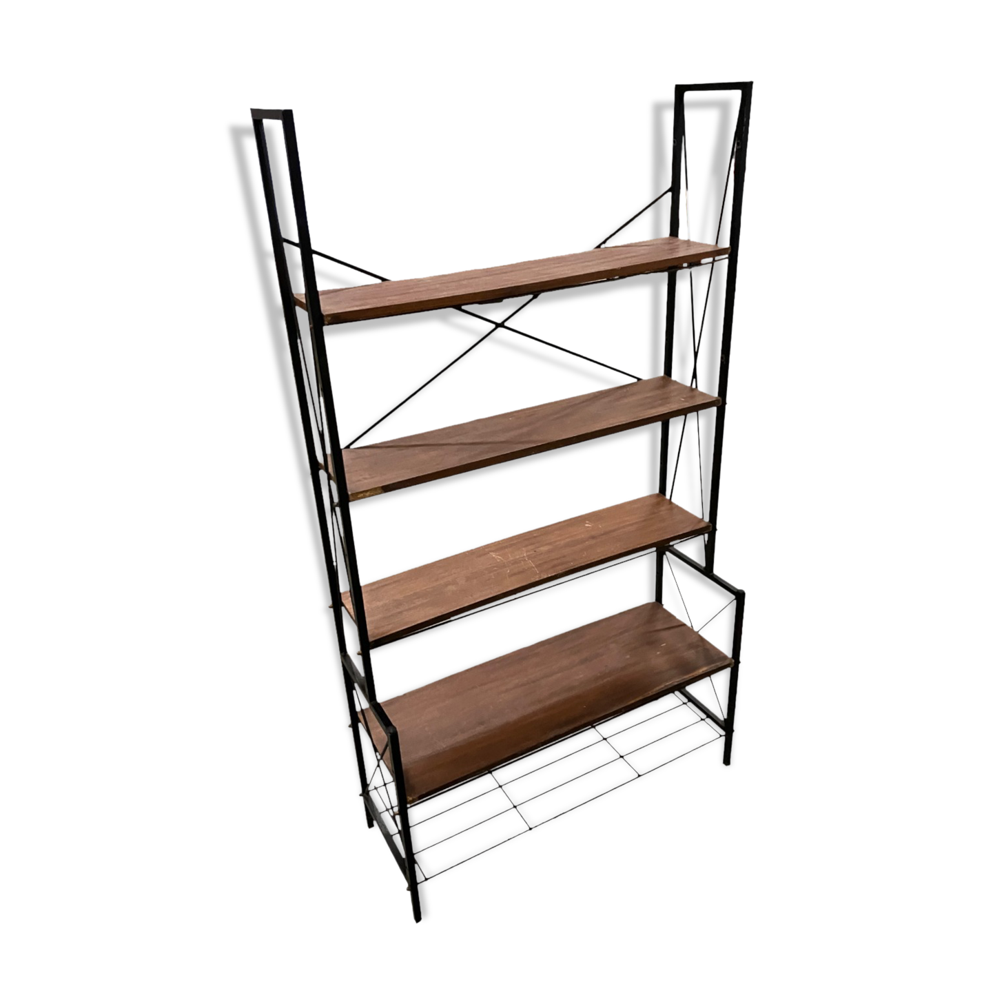 1950s teak and black metal shelf bookcase