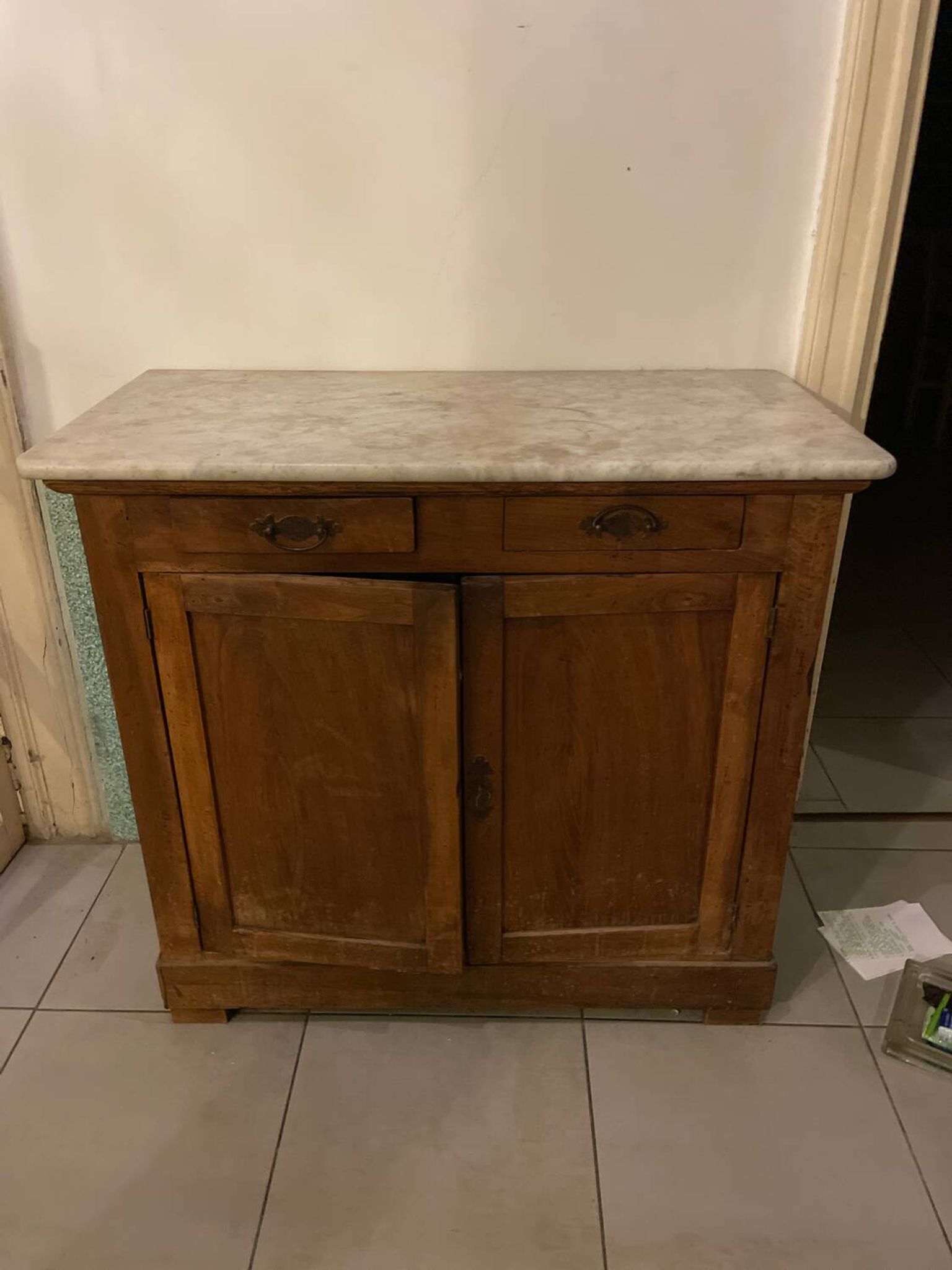 Buffet ancien commode en bois chêne et plateau marbre