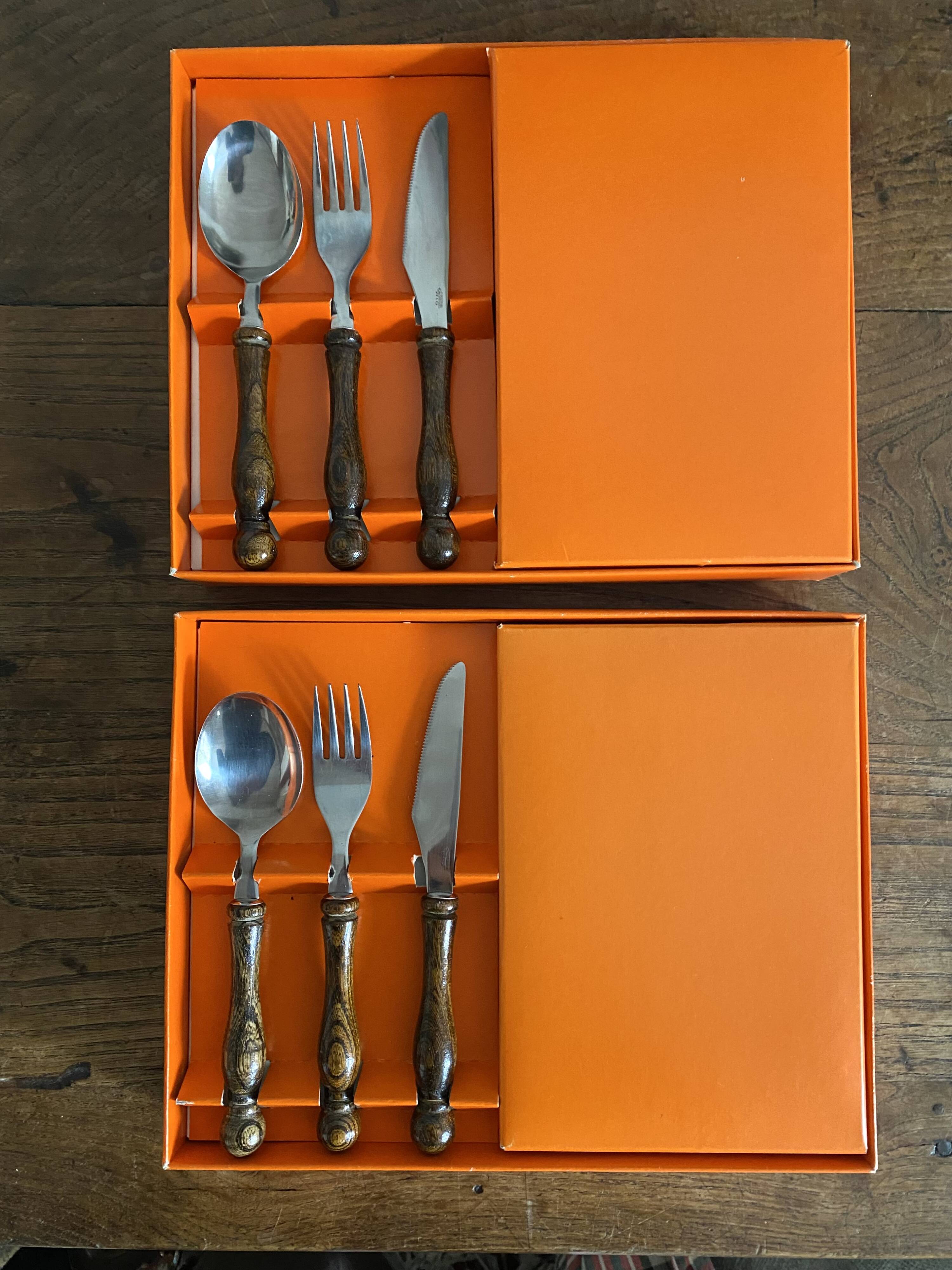 36-piece cutlery set with wooden and stainless steel handles, 1970s