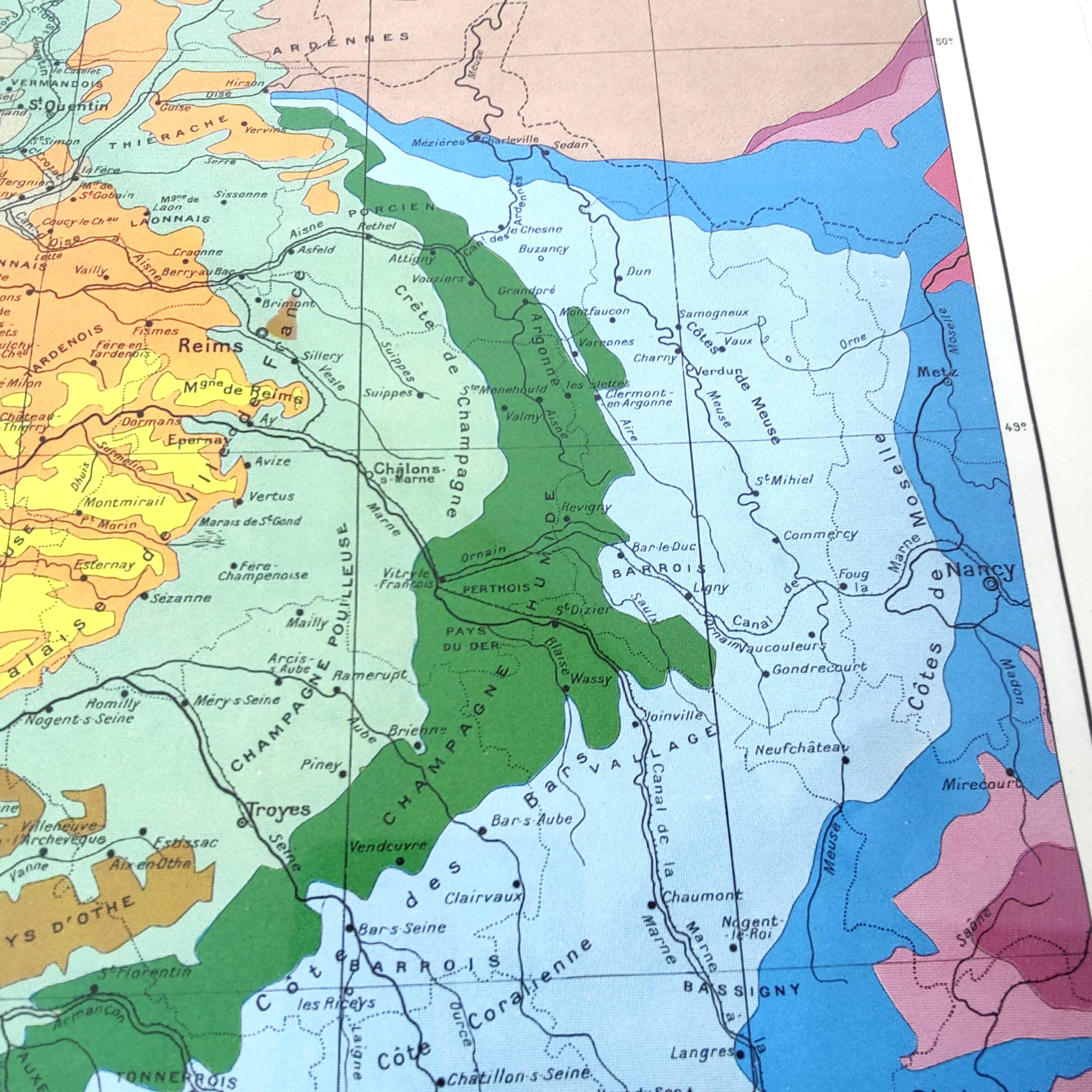 Old map of France Paris basin 43x43cm from 1950