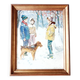 Animated Snowy Landscape Painting Children and their Dog Signed Canvas 20th Century Frame