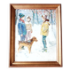 Snowy landscape tableau Children and their dog Signed canvas 20th century frame