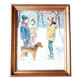 Animated Snowy Landscape Painting Children and their Dog Signed Canvas 20th Century Frame