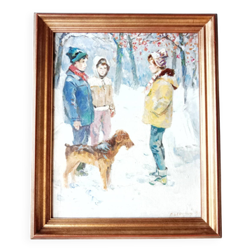 Snowy landscape tableau Children and their dog Signed canvas 20th century frame