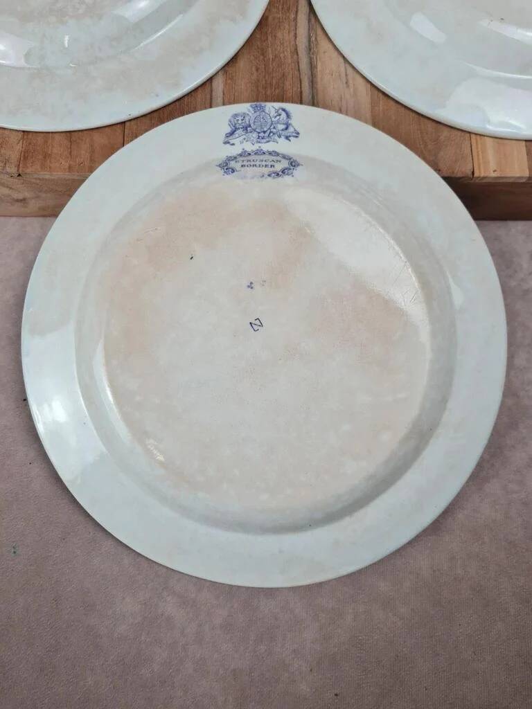 Set of 3 large antique plates, W. Adams & Sons, Etruscan Border design, Victorian Era.