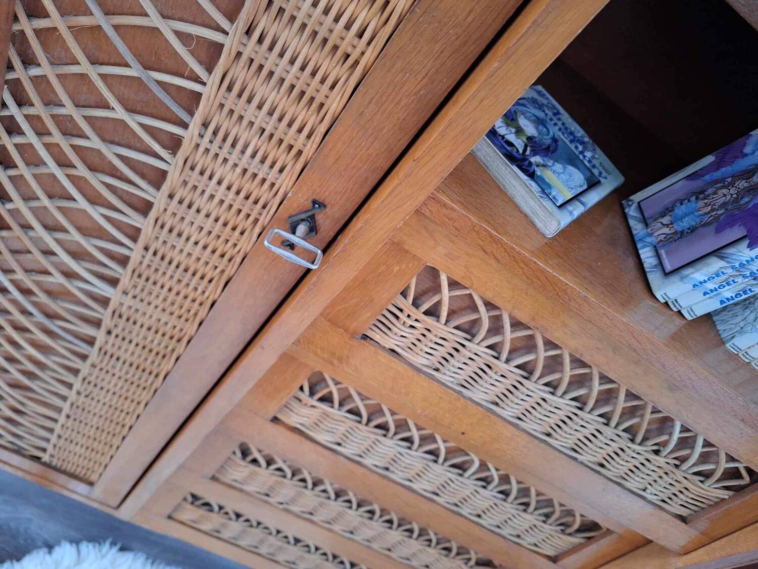 Vintage rattan cabinet with compass feet, old wicker chest of drawers