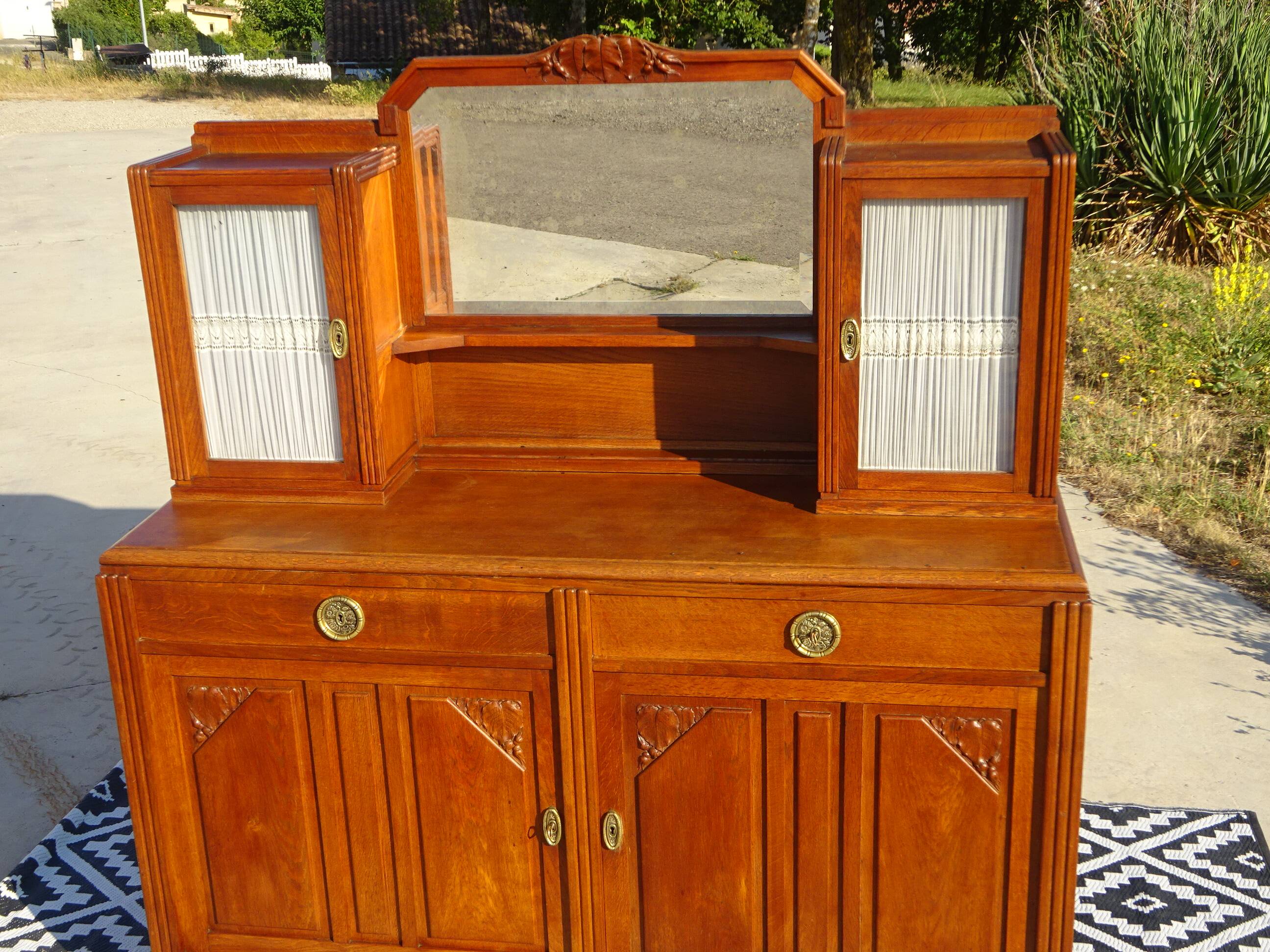 Vintage oak sideboard with sentry boxes and mirror