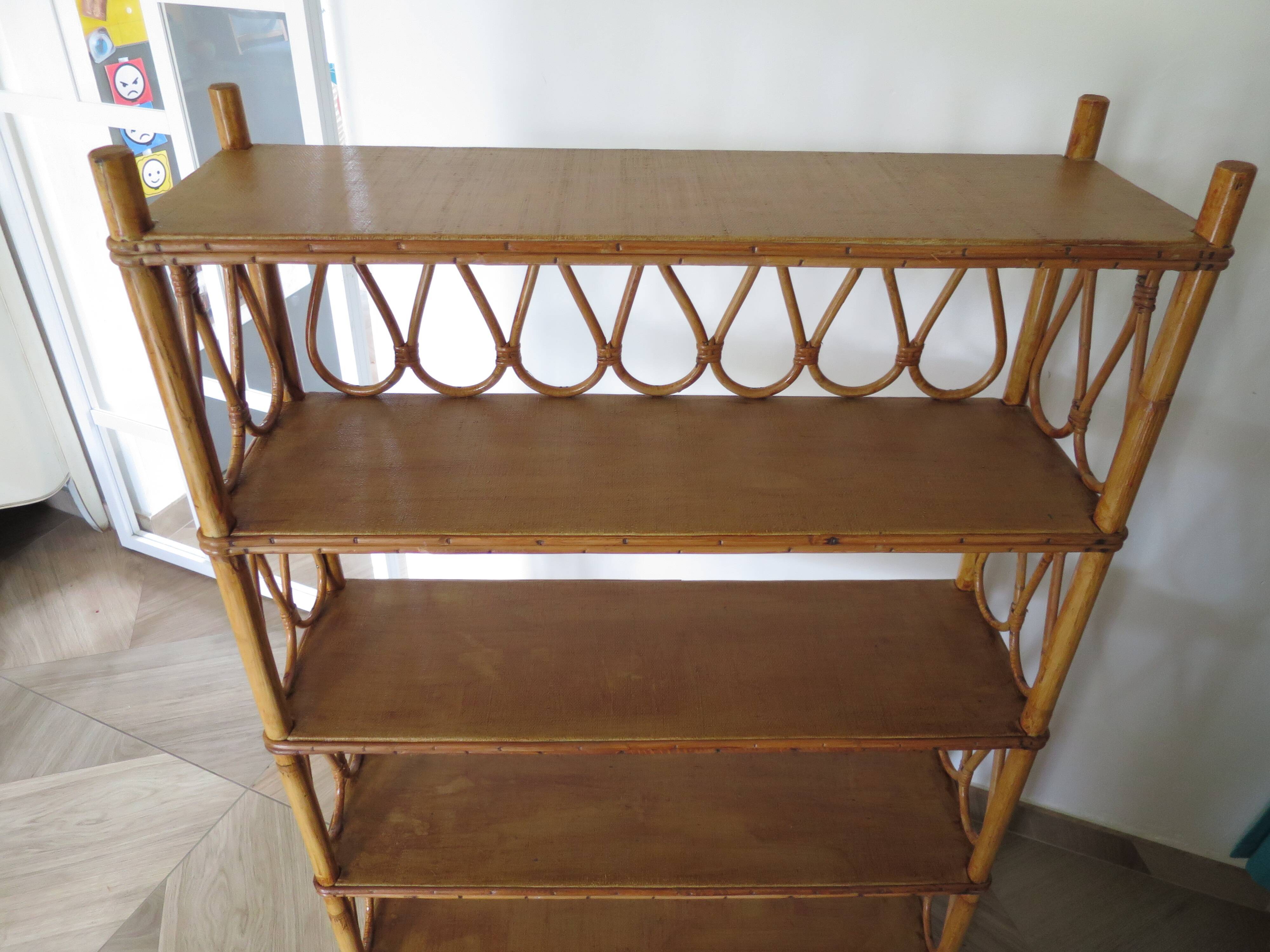 Wooden and rattan bookcase, 1970s-1980s