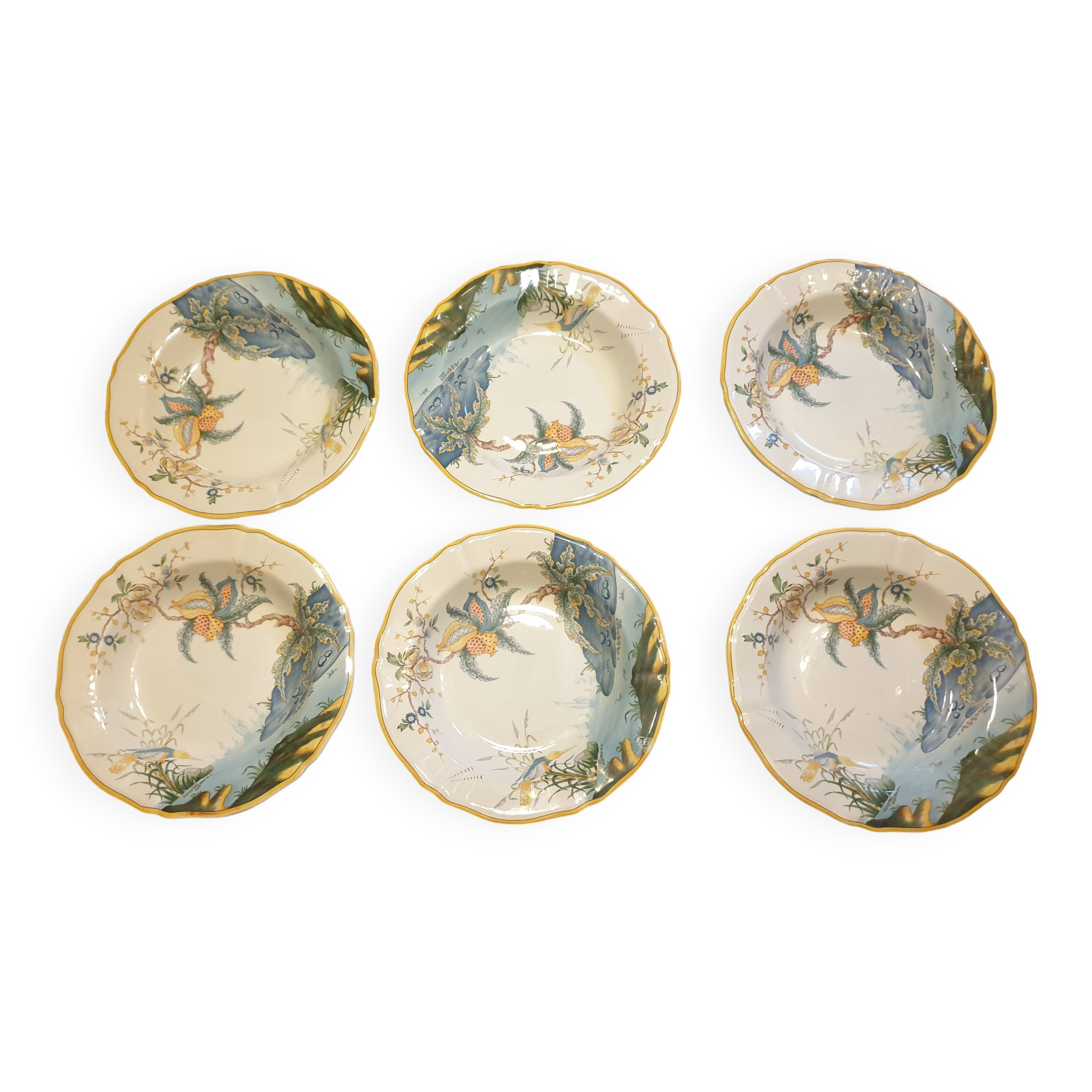 6 assiettes creuses Gien France Caraïbes motif Magellan