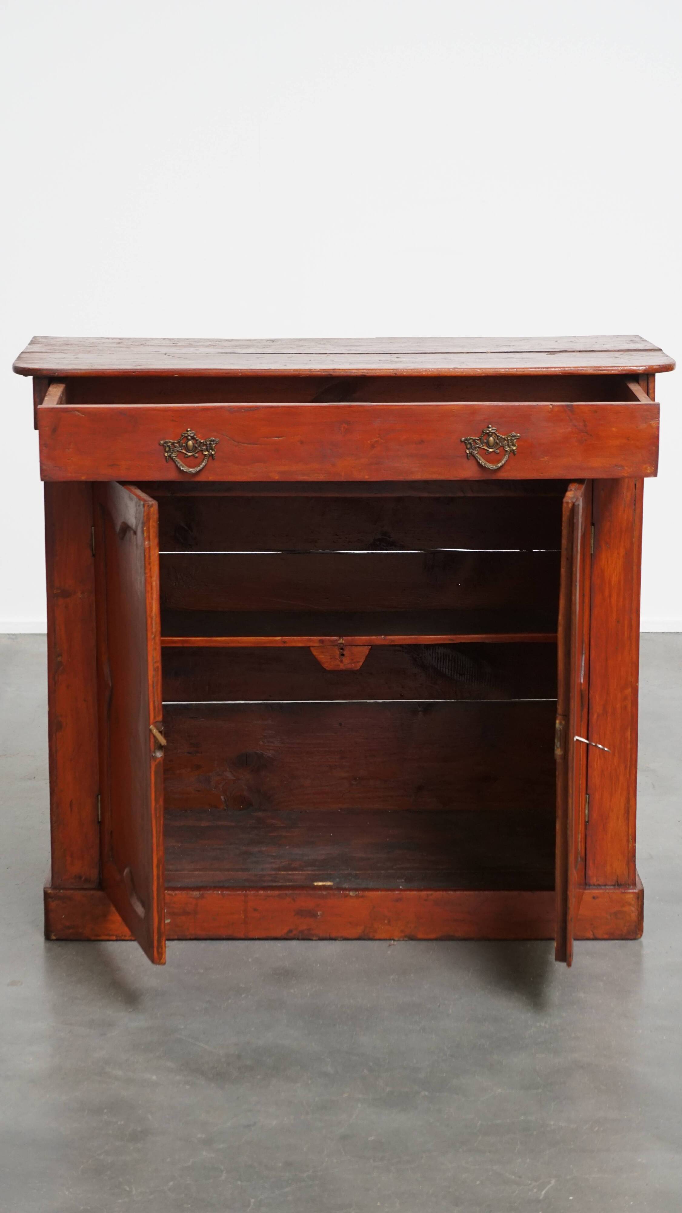 Antique Cabinet in Red/Brown with 2 Doors and a Drawer with Working Lock