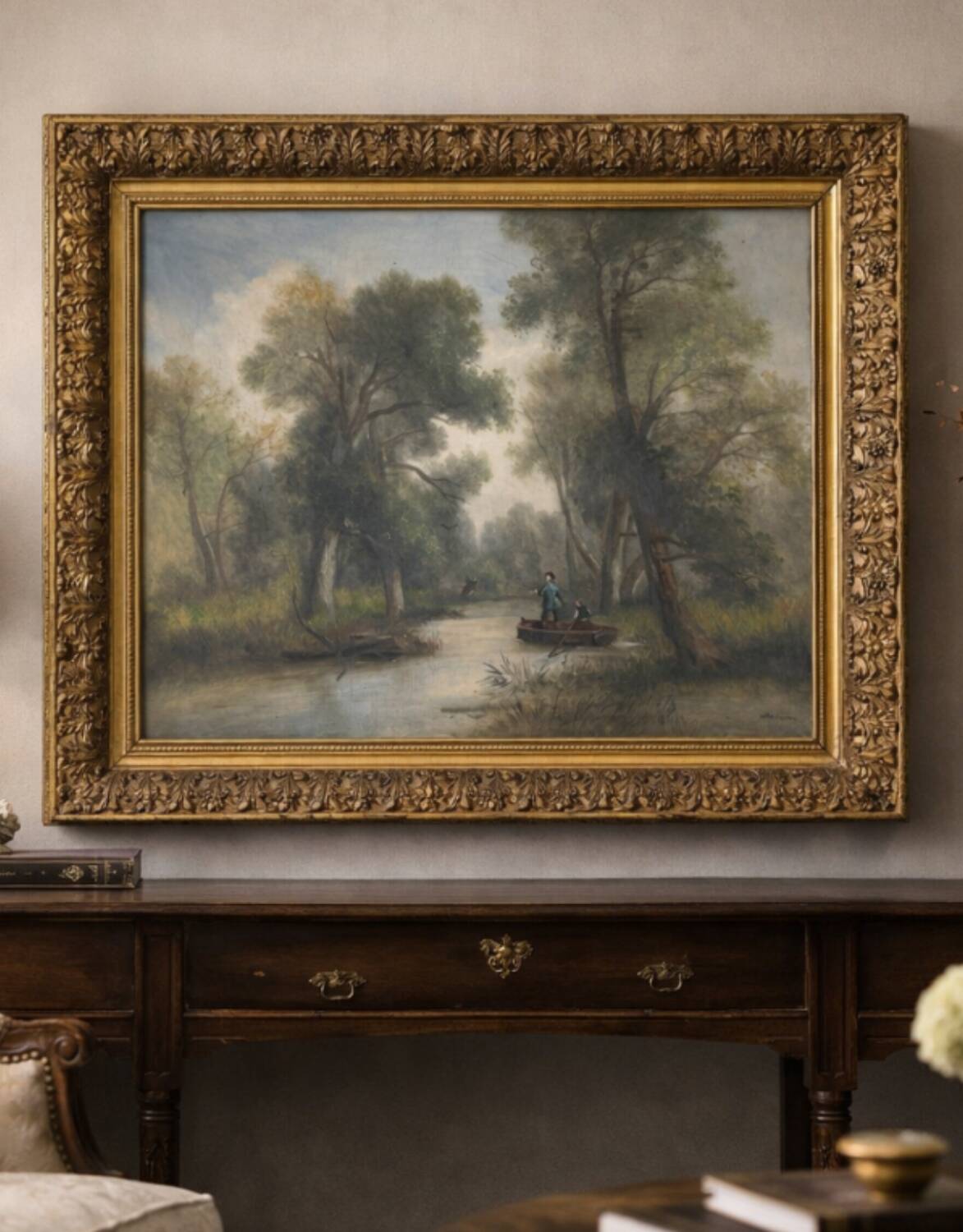 Large old painting landscape river – oil on canvas late 19th century – framed