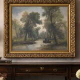 Large old painting landscape river – oil on canvas late 19th century – framed
