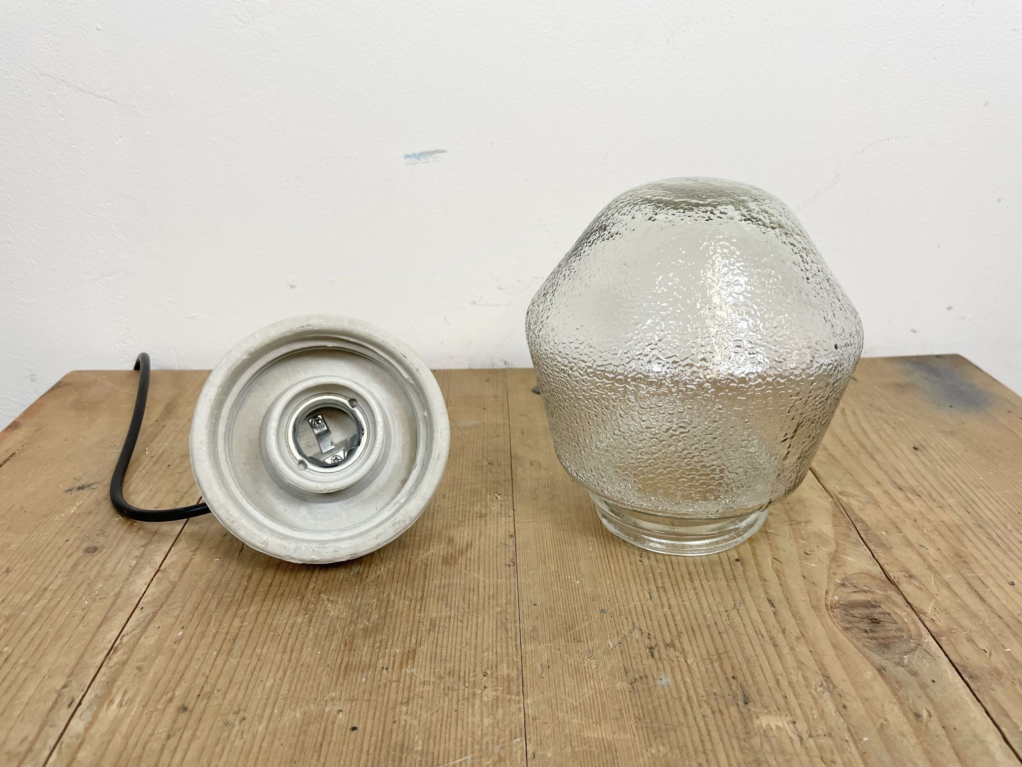 Industrial White Porcelain Pendant Light with Frosted Clear Glass, 1970s