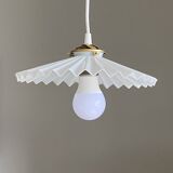 Vintage pleated white opaline glass pendant light.