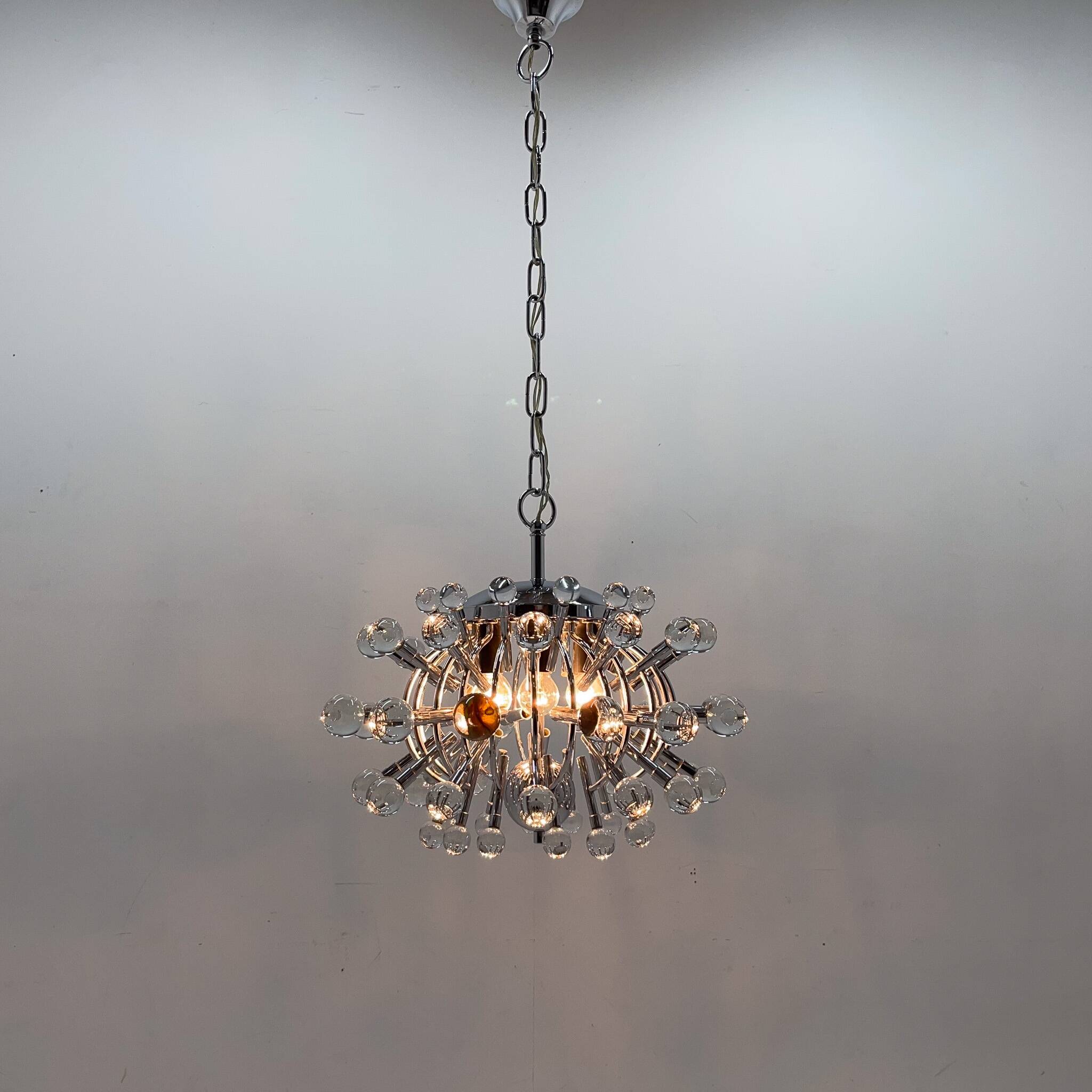 Unique Italian Space Age Chrome & Crystal Glass Chandelier, 1970s