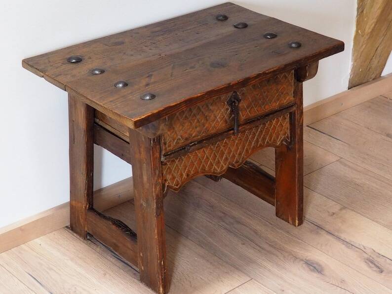 Mid-Century Coffee Table Carved Drawer, Rustic Nailhead Details