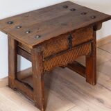Mid-Century Coffee Table Carved Drawer, Rustic Nailhead Details